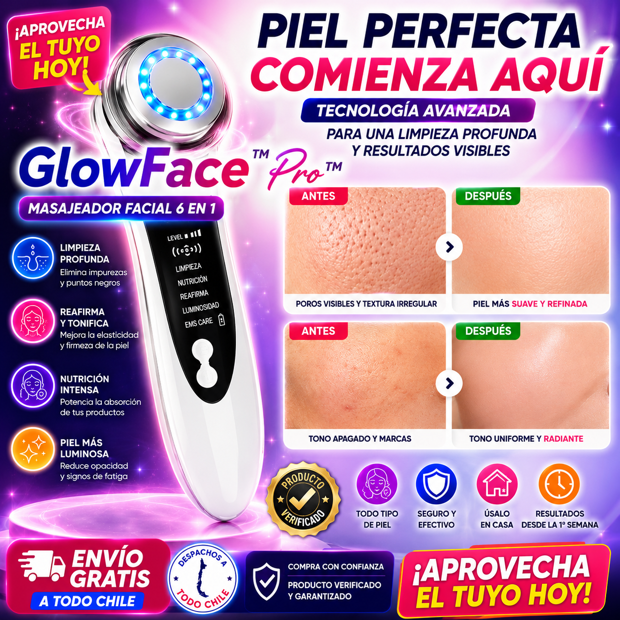 GlowFace Pro™ — Limpieza Profunda, Luz Rejuvenecedora-Reduce Arrugas, Combate el Acné- Tu Piel Más Joven Sin Salir de Casa